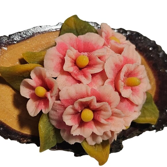 Handcrafted Retro Floral Wood Slice Brooch Pink Flowers Nature Fashion Jewelry - Picture 2 of 5